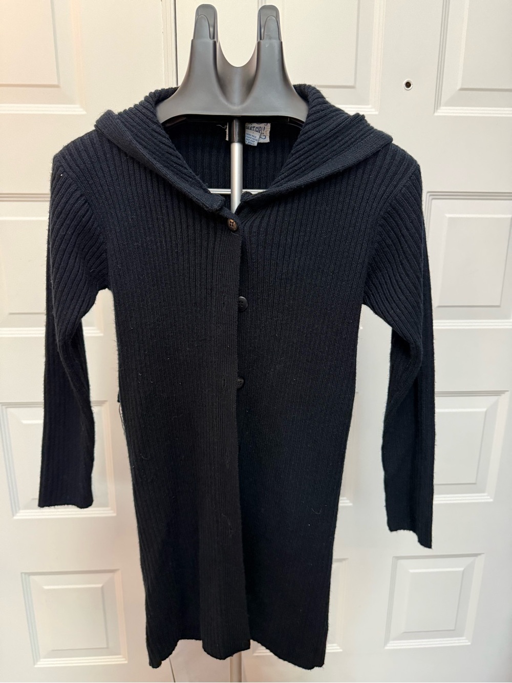 Classic Black Hooded Rib-Knit Cardigan Sweater missing belt and loop broken